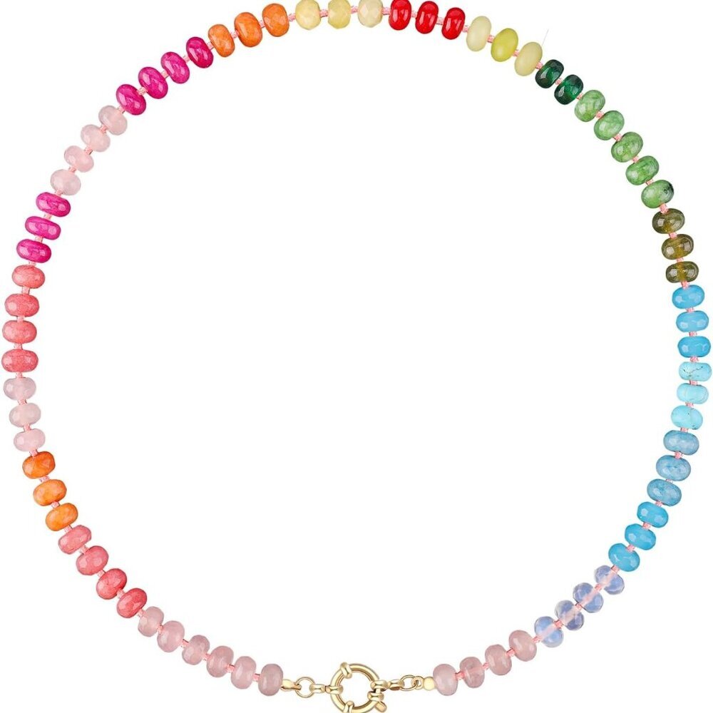 Colorful Beaded Gemstone Necklace For Women, Boho Rainbow Bead Choker With Natur